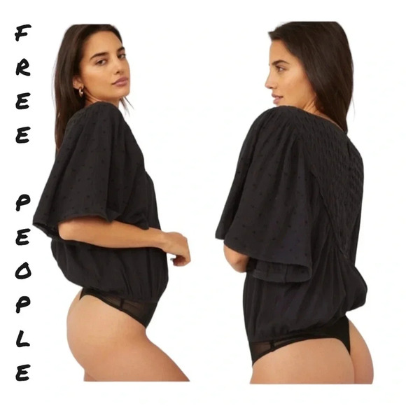Free People Black short sleeve flutter embroidered Perfect Catch Bodysuit top XS - Picture 1 of 16